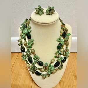 Vintage Turquoise & Stone Crystal & Glass Bead Layered Necklace & Earrings set